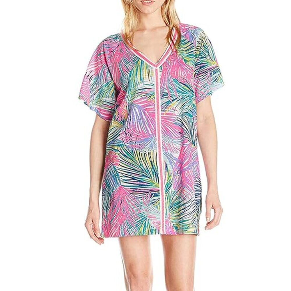 Lilly Pulitzer Bonita V-Neck Short Sleeve Cotton Coverup Tropical Palm Print, L